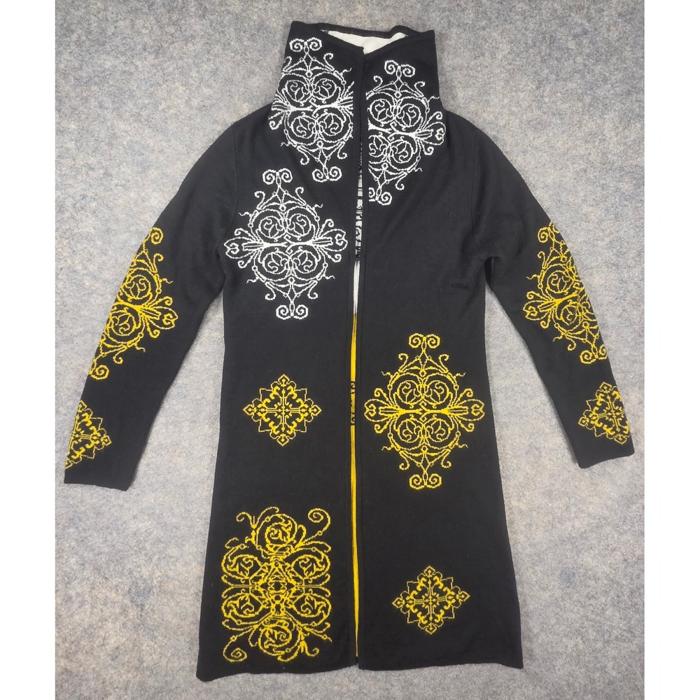 Peck & Peck Womens Black Damask Wool Blend Open Front Longline Cardigan Large
